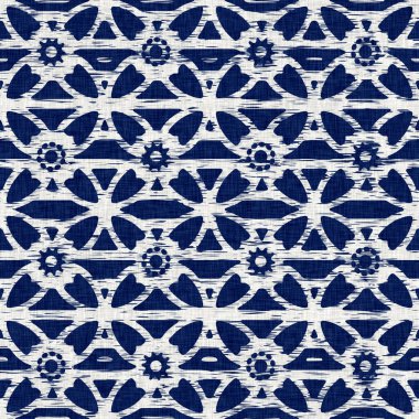 İndigo boyalı kumaş jeo şekil dokusu. Kusursuz tekstil kumaş boyası baskıya dayanıklıdır. Japon kimono bloğu baskısı. Yüksek çözünürlüklü batik etkisi 