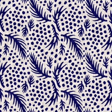 İndigo mavisi yaprak bloğu boyanmış keten desenli arka plan. Kusursuz örülmüş Japonlar batik kumaş örneklerini tekrarlıyorlar. Çiçeksel organik bulanık blok izleri tekstilin her yerinde.