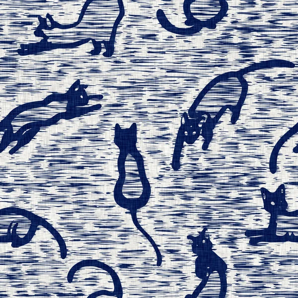 Indigo dyed fabric cat animal pattern texture. Seamless textile fashion cloth dye resist all over print. Japanese kimono block print. High resolution batik effect repeatable nature swatch. — Stock Photo, Image