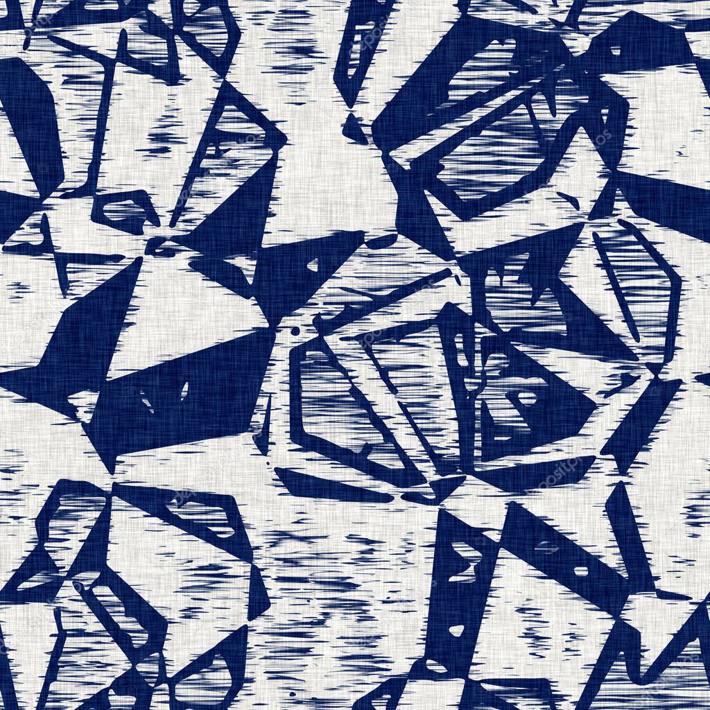 Indigo dyed fabric geo shape pattern texture. Seamless textile fashion cloth dye resist all over print. Japanese kimono block print. High resolution batik effect 