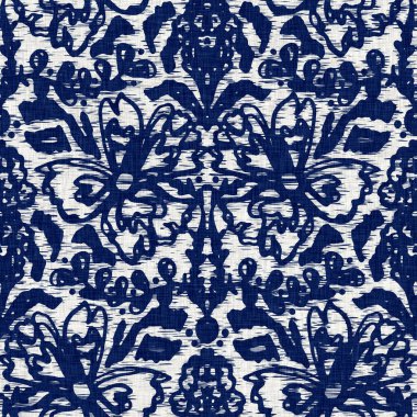  İndigo boyalı kumaş desenli çiçek deseni. Kusursuz tekstil kumaş boyası baskıya dayanıklıdır. Japon kimono bloğu baskısı. Yüksek çözünürlüklü batik etkisi tekrarlanabilir kumaş parçası. 