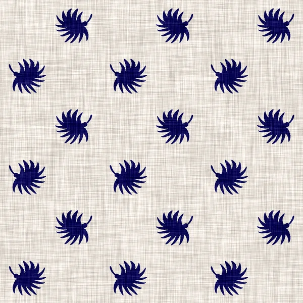 Ίντιγκο μπλε φύλλωμα μπλοκ εκτύπωσης βαμμένο λινό φόντο υφή. Απρόσκοπτη υφαντή ιαπωνική επανάληψη μπατίκ μοτίβο Swatch. Floral οργανική στεναγμένη εκτύπωση μπλοκ θαμπάδα σε όλο το ύφασμα. — Φωτογραφία Αρχείου