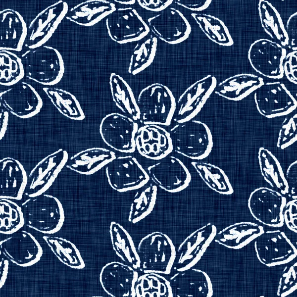 Textura de efecto jean azul lavado ácido con fondo decorativo motivo floral de lino. Tela de tela de moda textil denim sin costuras por toda la impresión. — Foto de Stock