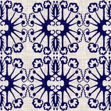 İndigo mavisi çiçek bloğu boyanmış keten desenli arka plan. Kusursuz örülmüş Japonlar batik kumaş örneklerini tekrarlıyorlar. Çiçeksel organik bulanık blok izleri tekstilin her yerinde.