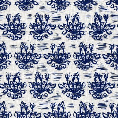 İndigo boyalı kumaş desenli çiçek deseni. Kusursuz tekstil kumaş boyası baskıya dayanıklıdır. Japon kimono bloğu baskısı. Yüksek çözünürlüklü batik etkisi tekrarlanabilir kumaş parçası. 