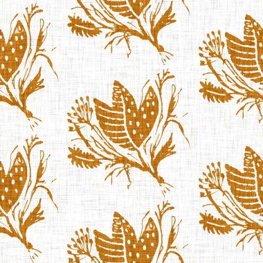 El yapımı çiçek motifli keten dokusu. Kaprisli bahçe pürüzsüz desen. Ev dekorasyonu için modern bahar karalama ürünleri. Her yerde botanik tarama tarzı rustik turuncu var..