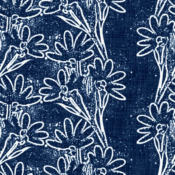 Acid wash blue jean effect texture with decorative linen floral motif background. Seamless denim textile fashion cloth fabric all over print. — Stock Photo, Image