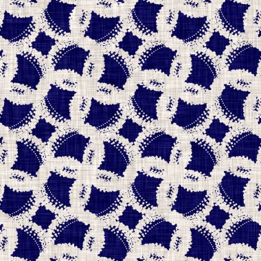 Kusursuz çivit çember dokusu. Mavi örülmüş boro pamuk boyalı efekt arka planı. Japonya Batik direncini tekrarlıyor. Her yerde Asya yıldızları var.