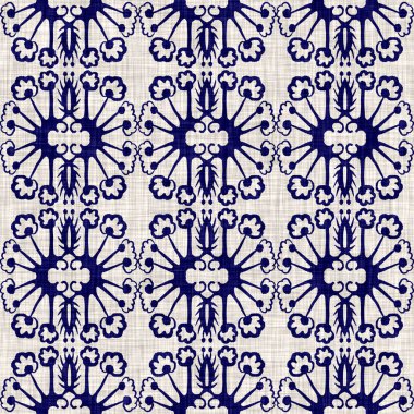 İndigo mavisi çiçek bloğu boyanmış keten desenli arka plan. Kusursuz örülmüş Japonlar batik kumaş örneklerini tekrarlıyorlar. Çiçeksel organik bulanık blok izleri tekstilin her yerinde.