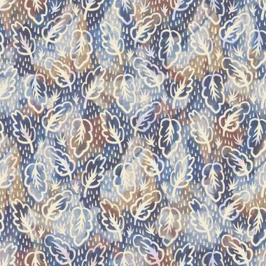 Kırsal Fransız gri yaprağı baskılı kumaş. Kusursuz Avrupa tarzı yumuşak döşeme deseni. Batik dijital yaprak izi efektinin her yerinde. Değişik mavi dekoratif kumaş. Yüksek kalite raster jpg