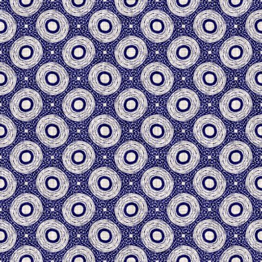 Kusursuz çivit çember dokusu. Mavi örülmüş boro pamuk boyalı efekt arka planı. Japonya Batik direncini tekrarlıyor. Her yerde Asya yıldızları var.