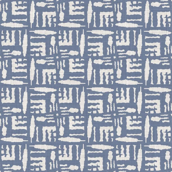 Seamless french geo linen printed floral damask background. Provence blue gray linen pattern texture. Shabby chic style woven blur background. Textile rustic all over print