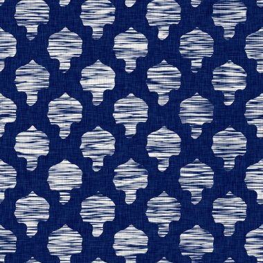 İndigo boyalı kumaş jeo şekil dokusu. Kusursuz tekstil kumaş boyası baskıya dayanıklıdır. Japon kimono bloğu baskısı. Yüksek çözünürlüklü batik etkisi 