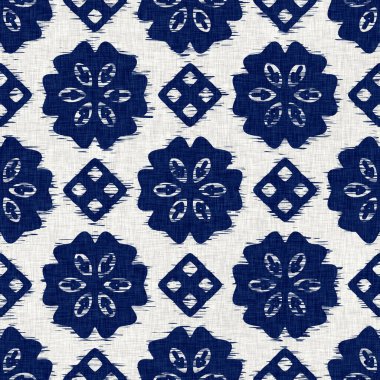 İndigo boyalı kumaş desenli çiçek deseni. Kusursuz tekstil kumaş boyası baskıya dayanıklıdır. Japon kimono bloğu baskısı. Yüksek çözünürlüklü batik etkisi tekrarlanabilir kumaş parçası. 