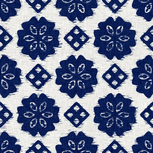 Indigo dyed fabric flower pattern texture. Seamless textile fashion cloth dye resist all over print. Japanese kimono block print. High resolution batik effect repeatable swatch. — Stock Photo, Image