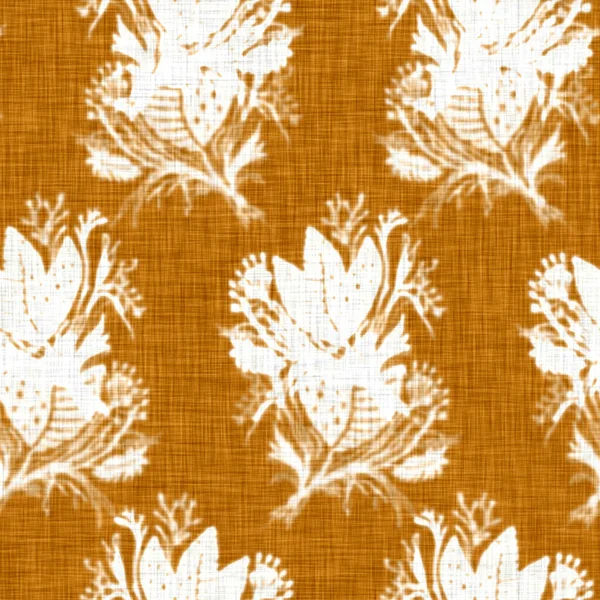 Hand drawn flower motif linen texture. Whimsical garden seamless pattern. Modern spring doodle floral nature textile for home decor. Botanical scandi style rustic orange all over print. — Stock Photo, Image