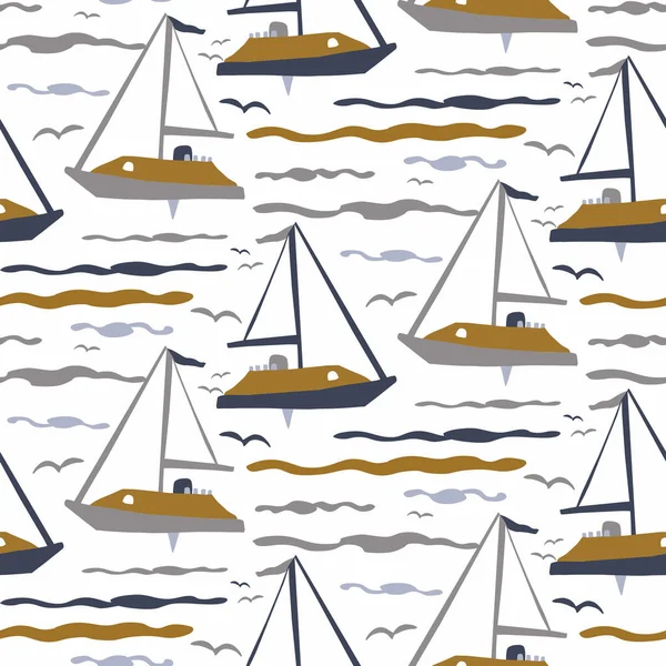 Maskulin gezeichnete Boot Doodle Motiv nahtlose Muster. Klassisch retro moderne Form für digitales Sammelalbum-Papier und wiederholbare Männer Geschenkpapier-Design in Vektor. — Stockvektor