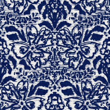 İndigo boyalı kumaş desenli çiçek deseni. Kusursuz tekstil kumaş boyası baskıya dayanıklıdır. Japon kimono bloğu baskısı. Yüksek çözünürlüklü batik etkisi tekrarlanabilir kumaş parçası. 