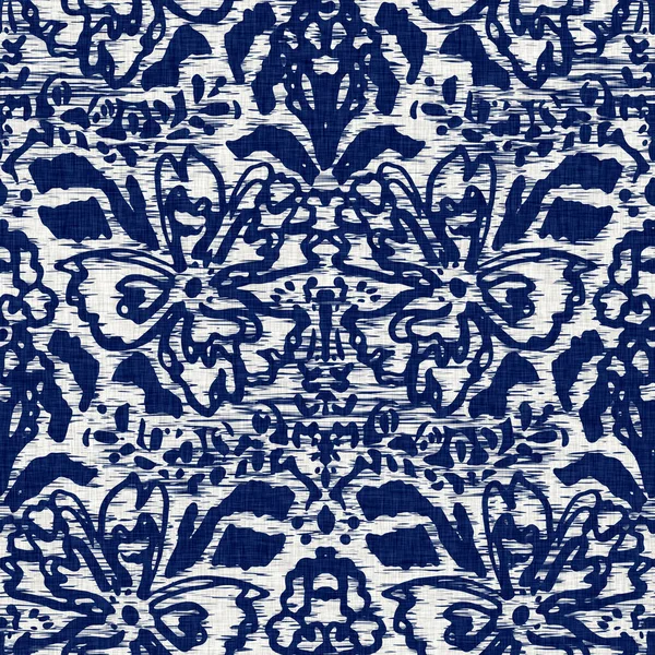 Indigo dyed fabric flower pattern texture. Seamless textile fashion cloth dye resist all over print. Japanese kimono block print. High resolution batik effect repeatable swatch. — Stock Photo, Image