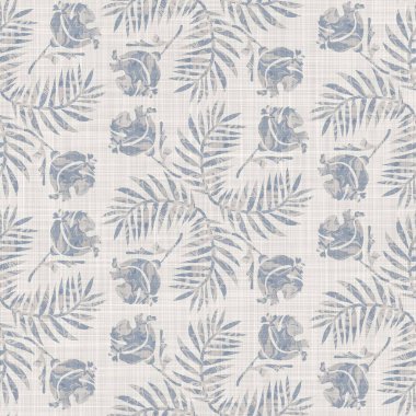 Kusursuz Fransız kumaşı baskılı yeşillik arka planı. Provence mavi gri keten desenli doku. Eski püskü, şık, bulanık bir arka plan. Her yerde tekstil kırsalı var.