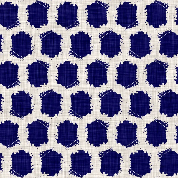 Seamless indigo circle texture. Blue woven boro cotton dyed effect background. Japan repeat batik resist pattern. Asian starry all over print — Stock Photo, Image