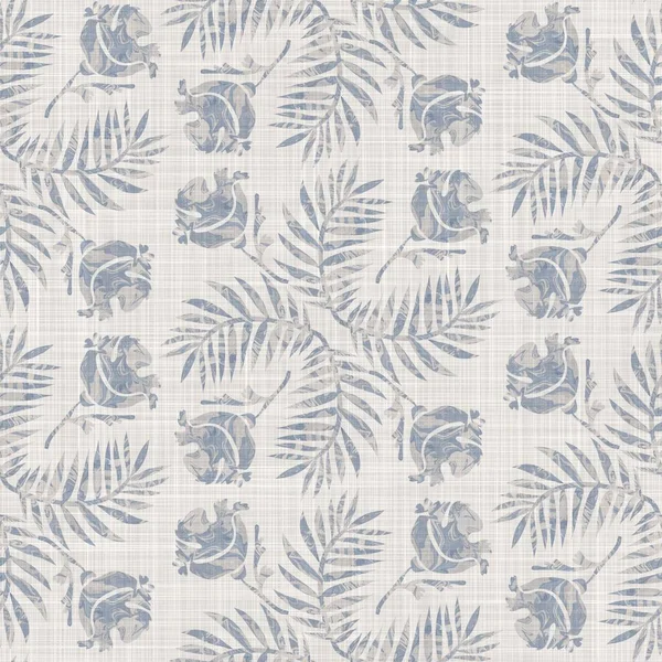 Kusursuz Fransız kumaşı baskılı yeşillik arka planı. Provence mavi gri keten desenli doku. Eski püskü, şık, bulanık bir arka plan. Her yerde tekstil kırsalı var.