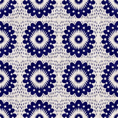 İndigo mavisi çiçek bloğu boyanmış keten desenli arka plan. Kusursuz örülmüş Japonlar batik kumaş örneklerini tekrarlıyorlar. Çiçeksel organik bulanık blok izleri tekstilin her yerinde.