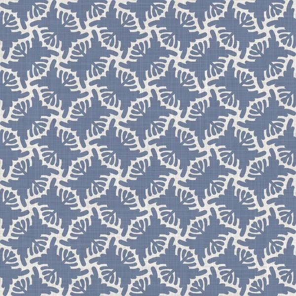 Seamless french geo linen printed floral damask background. Provence blue gray linen pattern texture. Shabby chic style woven blur background. Textile rustic all over print