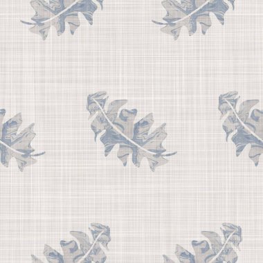 Kusursuz Fransız kumaşı baskılı yeşillik arka planı. Provence mavi gri keten desenli doku. Eski püskü, şık, bulanık bir arka plan. Her yerde tekstil kırsalı var.