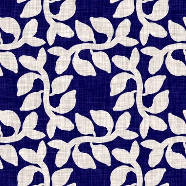 İndigo mavisi yaprak bloğu boyanmış keten desenli arka plan. Kusursuz örülmüş Japonlar batik kumaş örneklerini tekrarlıyorlar. Çiçeksel organik bulanık blok izleri tekstilin her yerinde.