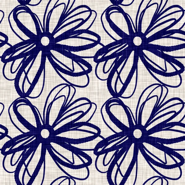 Indigo blue flower block print dyed linen texture background. Seamless woven japanese repeat batik pattern swatch. Floral organic distressed blur block print all over textile. — Stock Photo, Image