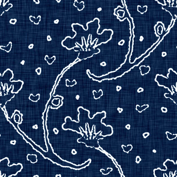 Laver à l'acide texture effet jean bleu avec fond motif floral lin décoratif. tissu de tissu de mode textile denim sans couture partout imprimer. — Photo