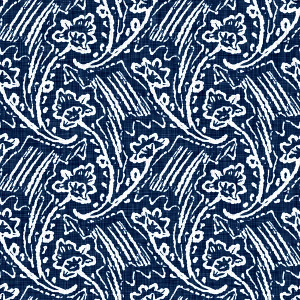 Kwas myć niebieski jean efekt tekstury z dekoracyjnym lnu kwiatowy motyw tła. Dżinsowe tkaniny odzieżowe bez szwu na nadruku. — Zdjęcie stockowe