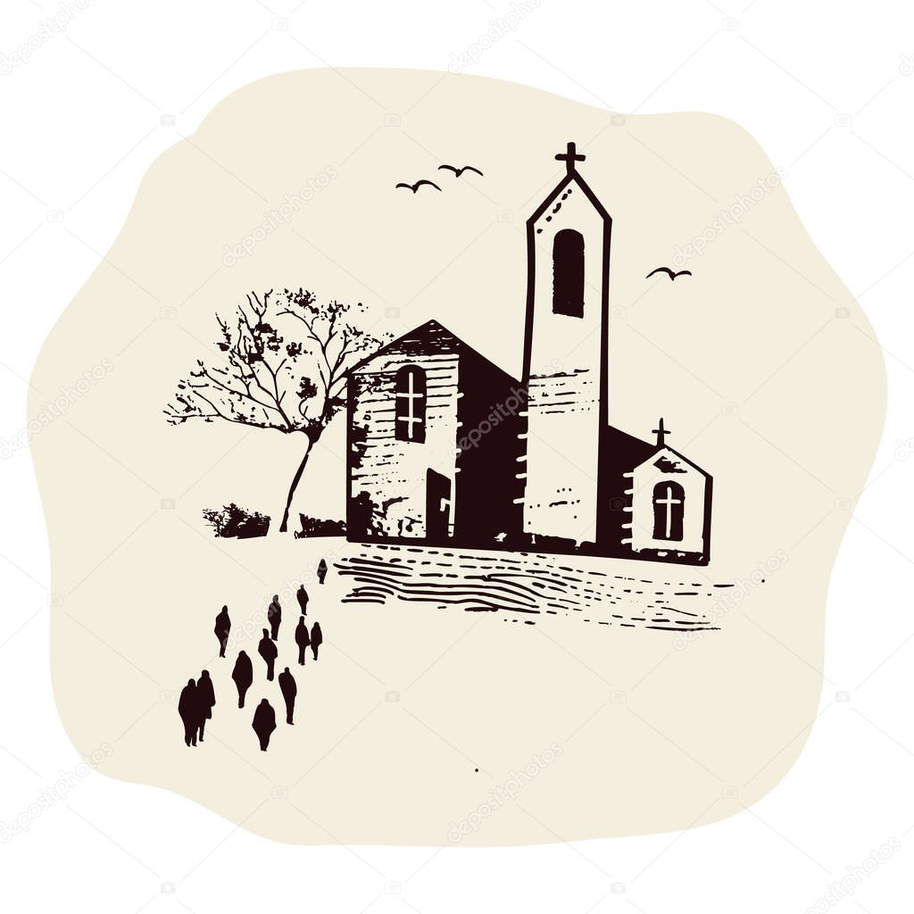 Faith based icon. Set of pilgrim group walking on path to church on trail. Country landscape with camino signpost, pilgrims way shell, man and women for Canterbury or Camino religious pilgrimage walk