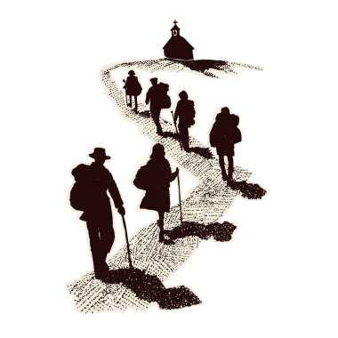 Hristiyan haçlı köy şapeli stili. Canterbury hacıları ya da Camino hac yolculuğu için. Basit bir inanç tabanlı sığınak. Tepedeki küçük ortaçağ kilisesinin hacıların çizimi.. 