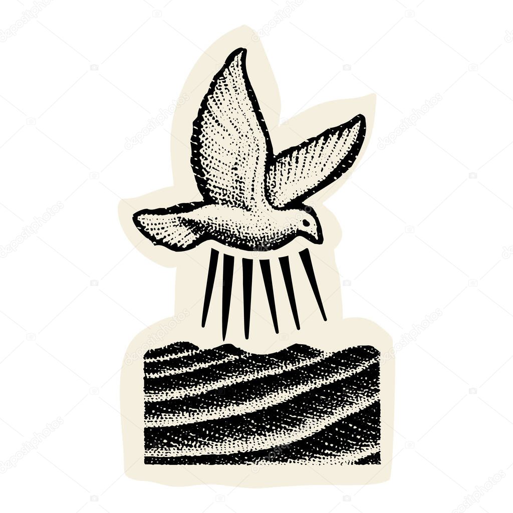 Black and white vector illustration hope motif for Genesis scripture verse christian faith bible study. Hand drawn holy spirit biblical dove hovering over water descending with light rays.