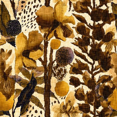 Stilize sonbahar kış kahverengimsi suluboya desenli. Kırsal kulübe stili bulanık efekt kumaş dokusu tasarımı. Her yerde sonbahar botaniği var.