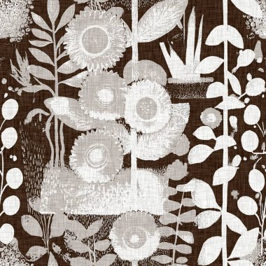 Gri kahverengi tonları olan kış çiçekleri pürüzsüz desenli. Modern stilize botanikler örülmüş izin kapağı. Erkeksi kır çiçeği bahçesi tasarımı