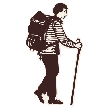 Camino Macera Yolculuğu motifi için basit bir siyah-beyaz karalama vektörü. Hacıların yolunda sırt çantasıyla yürüyüş yapan genç adam..