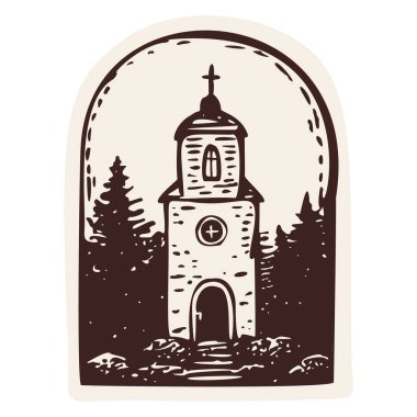 Geri çekilme inancına dayalı seyahat için. Camino pasaport damgası için küçük bir hac şapeli. Aziz James hacıları için deniz tarağı kabuğuyla el çizimi siyah beyaz klipsli sanat..