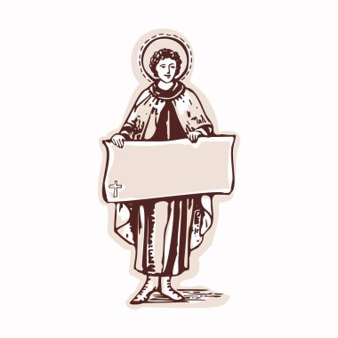 Dua şalı peçeli Katolik bir kadın Hıristiyan İncili tutuyor. El çizimi siyah-beyaz vektör motifi dini kilise çıkartması resmi, İncil çalışma günlüğü. Kadın koruyucu aziz boş.