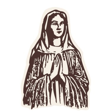 Hıristiyan İncili çalışma motifi için el çizimi siyah-beyaz vektör motifi. Meryem Ana 'nın sadakati, dua eden eller klipsleme sanatıyla.