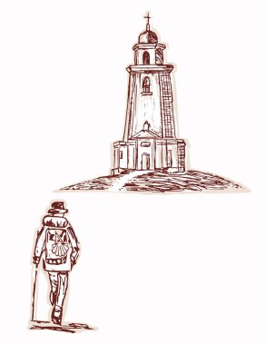 Hristiyan hac yolculuğu için, St. Francis, Camino, Compostela ve St. James Way Pilgrim sırt çantasıyla hacılar yolunda deniz feneri sığınma konseptine doğru yürüyorlar. El çizimi izole vektör motifi.