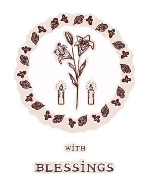 Hristiyan Marian bağlılığı, Katolik inanç duası ve kilise kutlaması için el çizimi izole edilmiş vektör motifi mum desenli Paskalya Zambağı çiçek çelengi ve kutsal dini kart çizimleri..