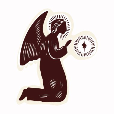 Dini inanç mevsiminde İsa 'nın doğumu duası için izole edilmiş vektör. Hristiyan Noel kartı tasarımı için melek gibi bir kurye. Haleli Siyah ve Beyaz Melekler ve Beytüllahim Yıldızı. koyunlarla.