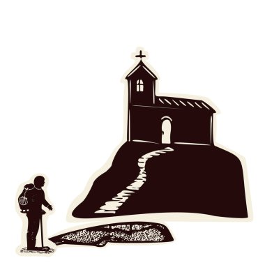 El çizimi izole vektör motifi. Kamino yolculuğu için. Sırt çantası ve sırt çantalı küçük bir kilise gezginlerin patikasında..