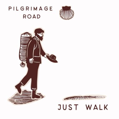 Erkek yürüyüşçü çantası. El çizimi Walker Camino ikonu ve seyyah seti. St. James yolu Avrupa hac sembolü koleksiyonu için deniz tarağı kabuğu. Kopya alanı ile izole edilmiş etiket ögesi. Sadece harflerle yürü..