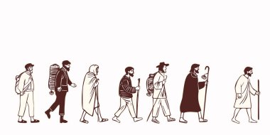 St. James yolu. Hac yolunda yürüyen erkek hacı figürleri. Santiago de Compostela seyahat afişi için el çizimi izole vektör simgesi. Katolik hac konsepti Havari James 'e modern insan.