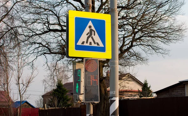 pedestrian sign and traffic light on the road. Roadway