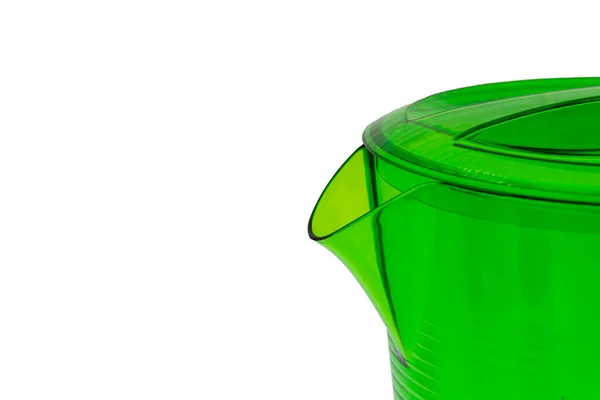 Зеленый Пластиковый Кувшин Крупным Планом Изолирован Белом Фоне Копирование Пространства — стоковое фото